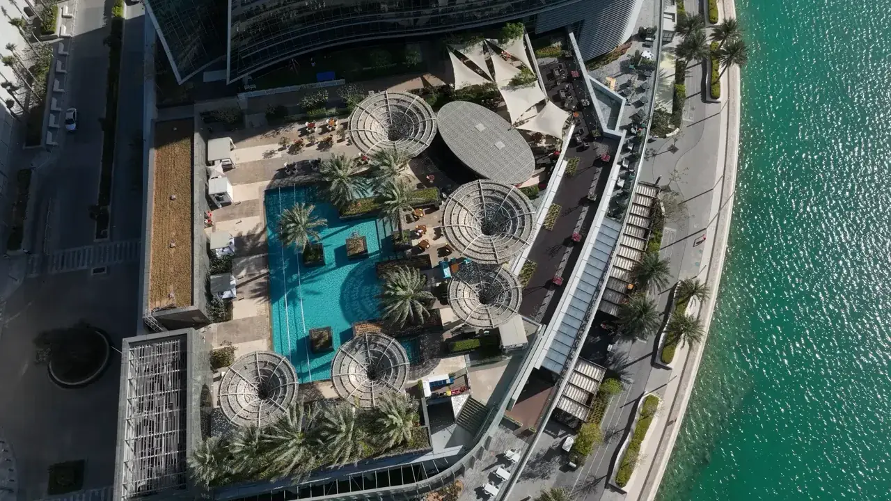 Aerial view of Rosewood Abu Dhabi Al Maryah Island on the waterfront
