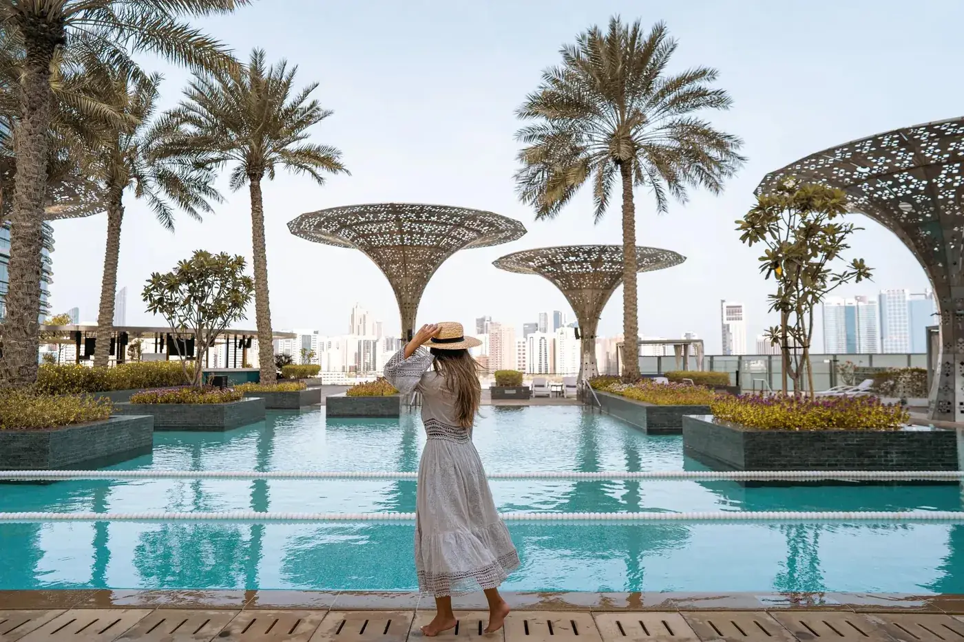Pool terrace at Rosewood Residences Abu Dhabi with the Al Maryah skyline